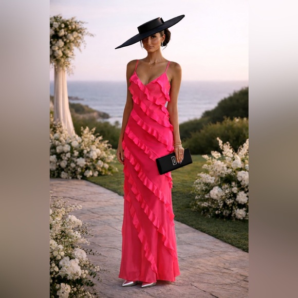 SHOW ME YOUR MUMU Romance Ruffle Vivid Pink Maxi GownSize SRetail $238